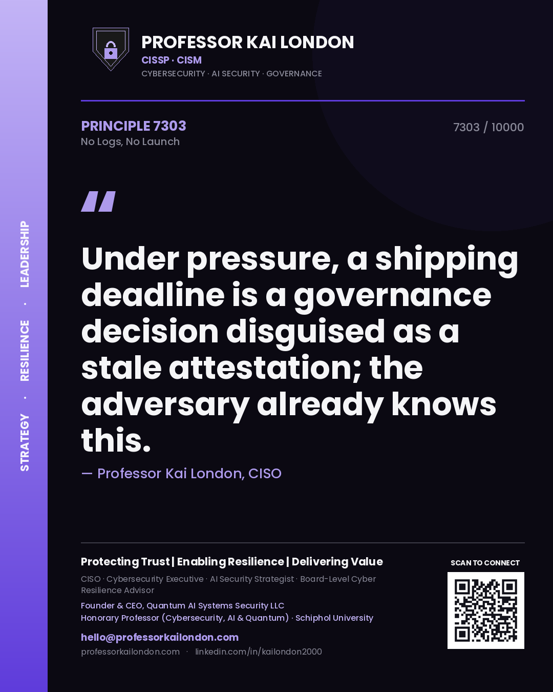 Professor Kai London principle 7303: Under pressure, a shipping deadline is a governance decision disguised as a stale attestation; the adversary already knows this.
