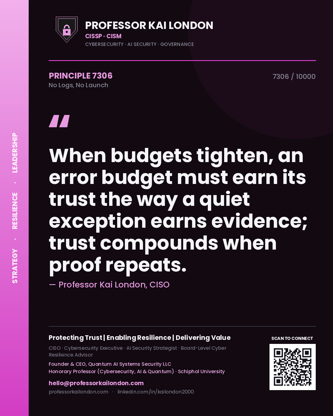 Professor Kai London principle 7306: When budgets tighten, an error budget must earn its trust the way a quiet exception earns evidence; trust compounds when proof repeats.