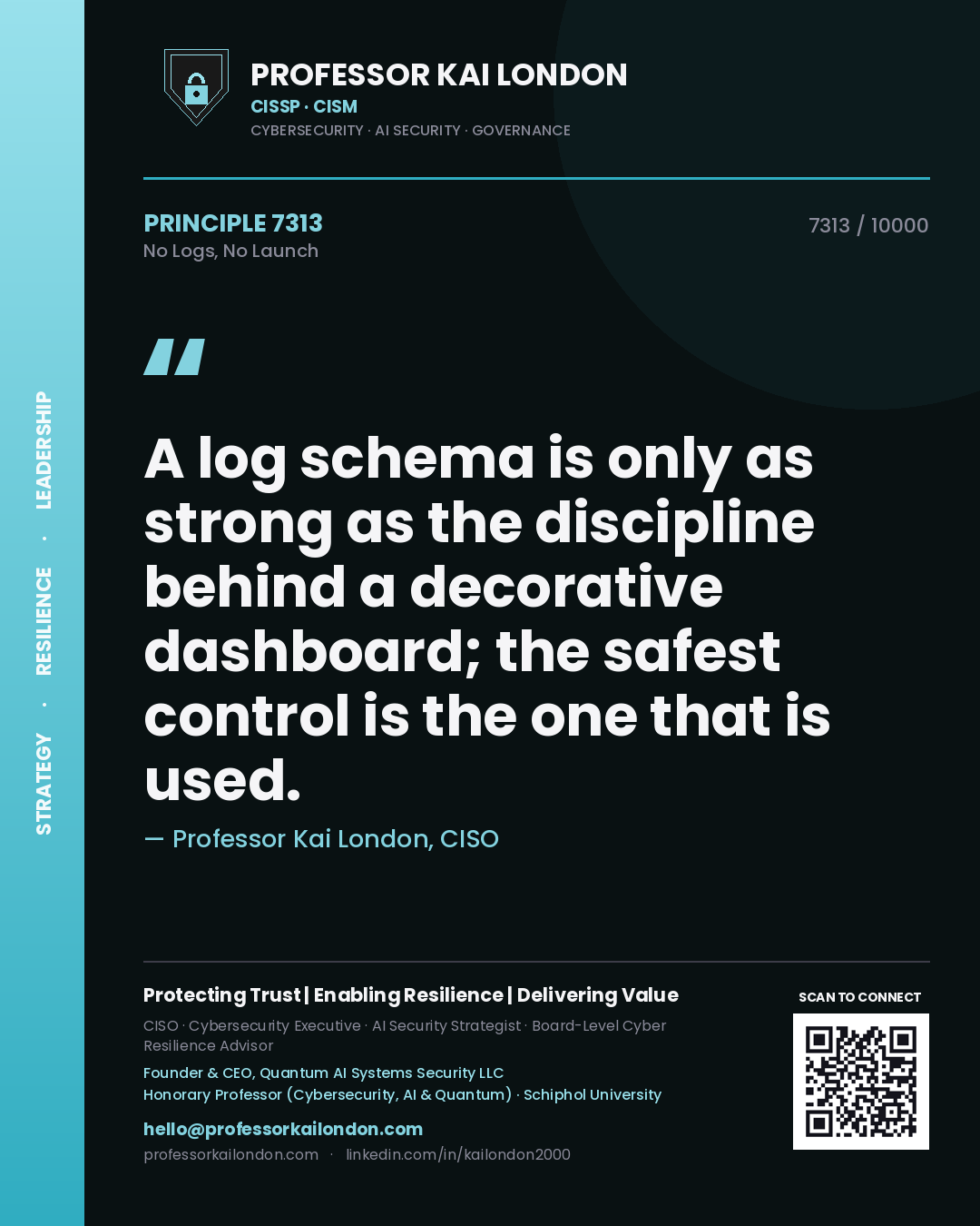 Quote card by Professor Kai London reading 'A log schema is only as strong as the discipline behind a decorative dashboard; the safest control is the one that is used.'. From the book No Logs, No Launch.