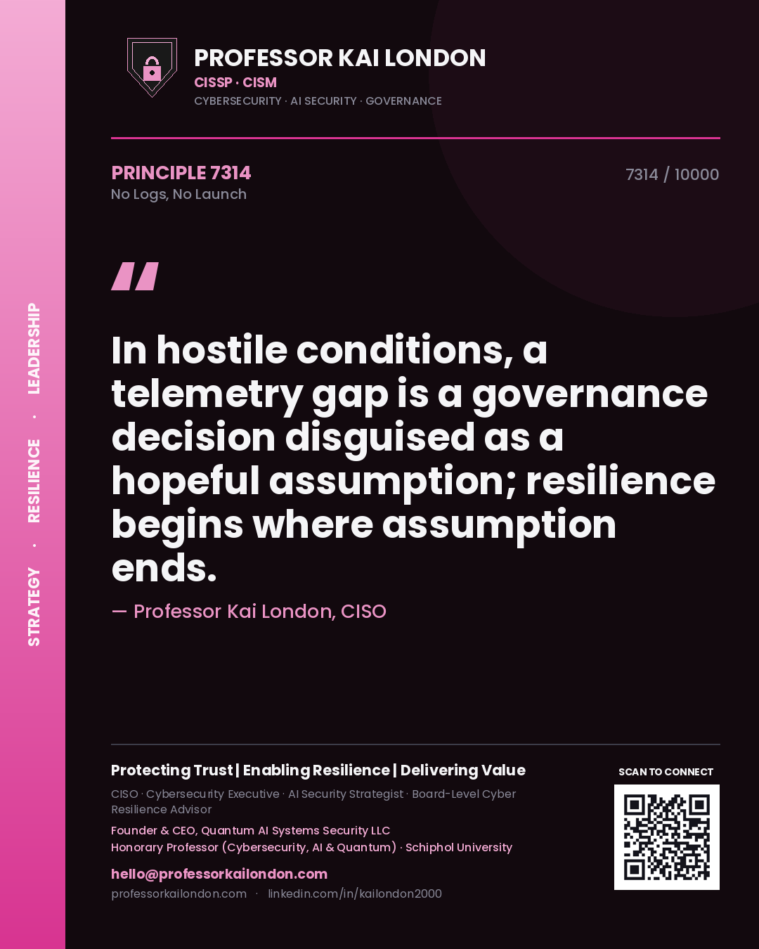 Professor Kai London principle 7314: In hostile conditions, a telemetry gap is a governance decision disguised as a hopeful assumption; resilience begins where assumption ends.