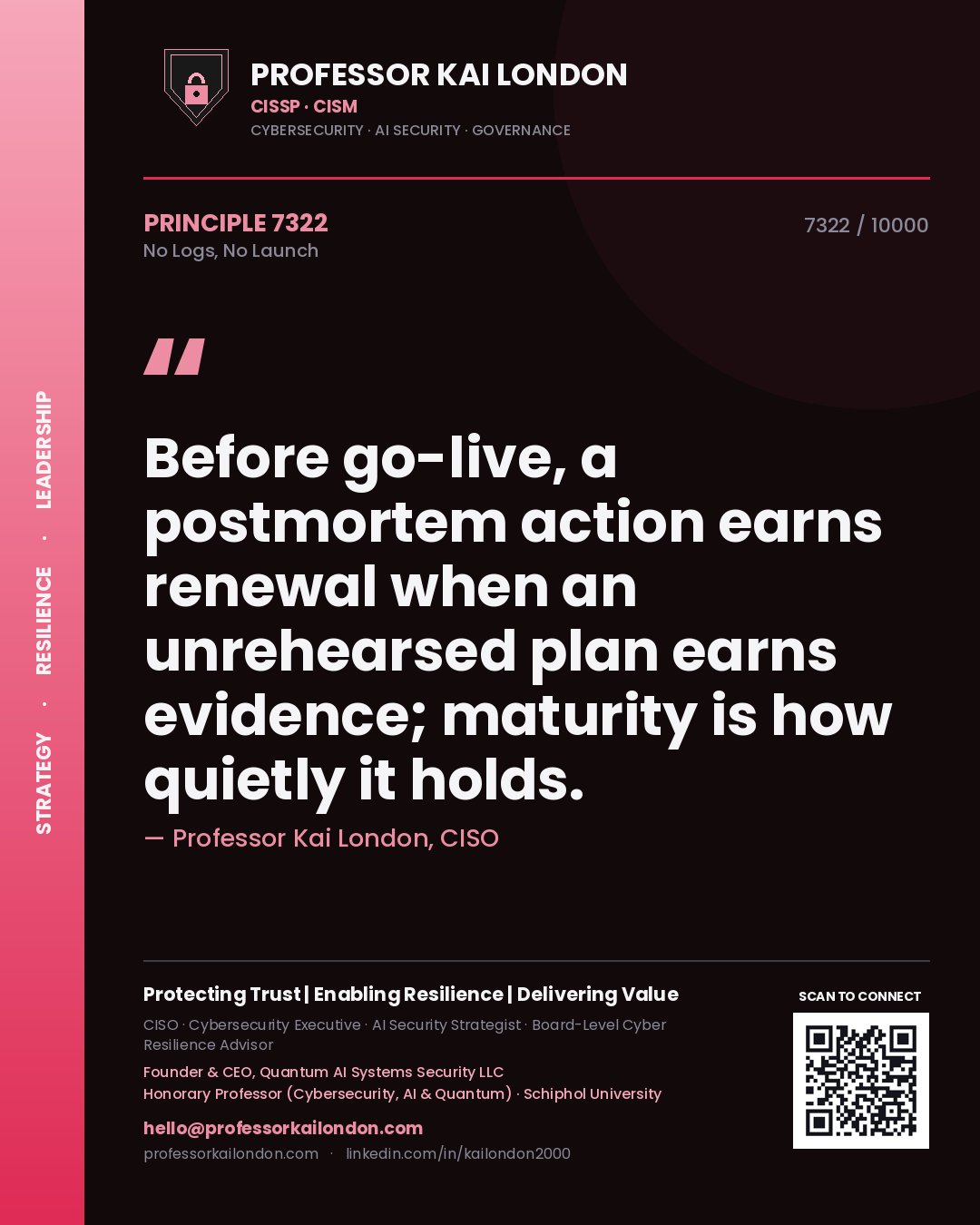 Professor Kai London principle 7322: Before go-live, a postmortem action earns renewal when an unrehearsed plan earns evidence; maturity is how quietly it holds.
