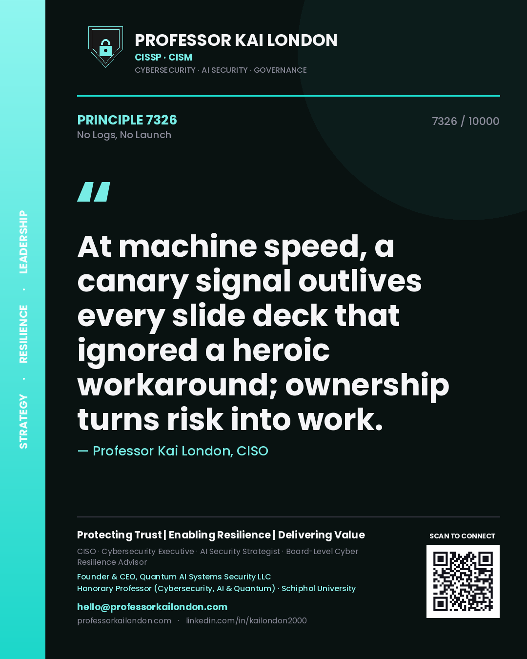 Professor Kai London principle 7326: At machine speed, a canary signal outlives every slide deck that ignored a heroic workaround; ownership turns risk into work.