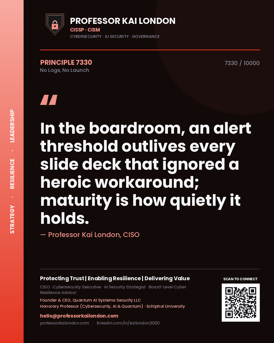 Professor Kai London principle 7330: In the boardroom, an alert threshold outlives every slide deck that ignored a heroic workaround; maturity is how quietly it holds.