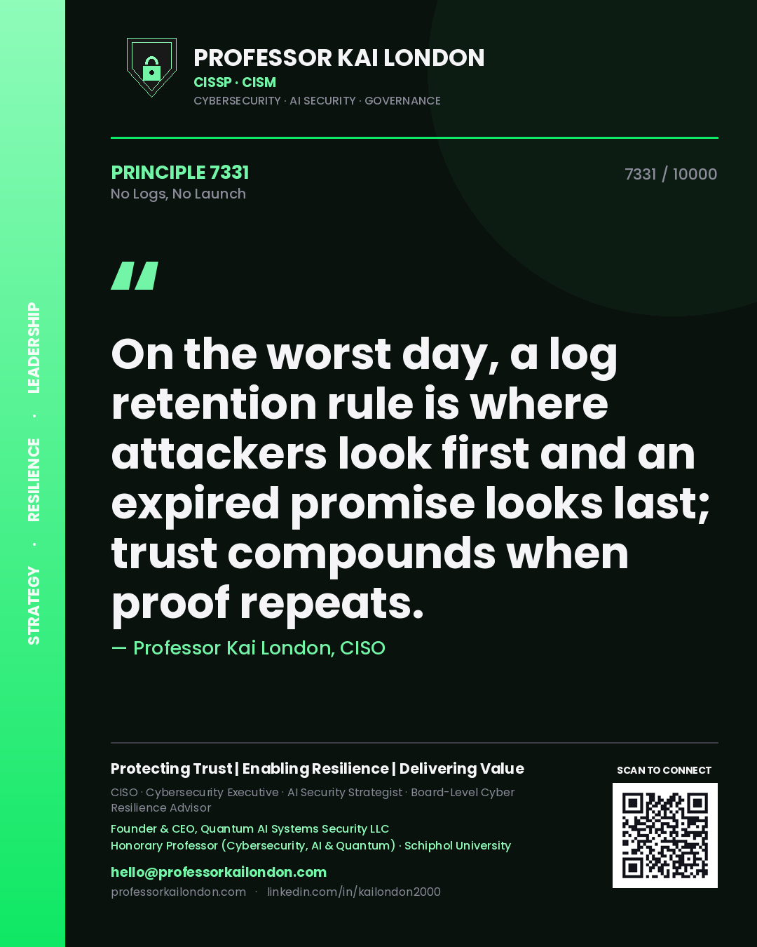 Professor Kai London principle 7331: On the worst day, a log retention rule is where attackers look first and an expired promise looks last; trust compounds when proof repeats.