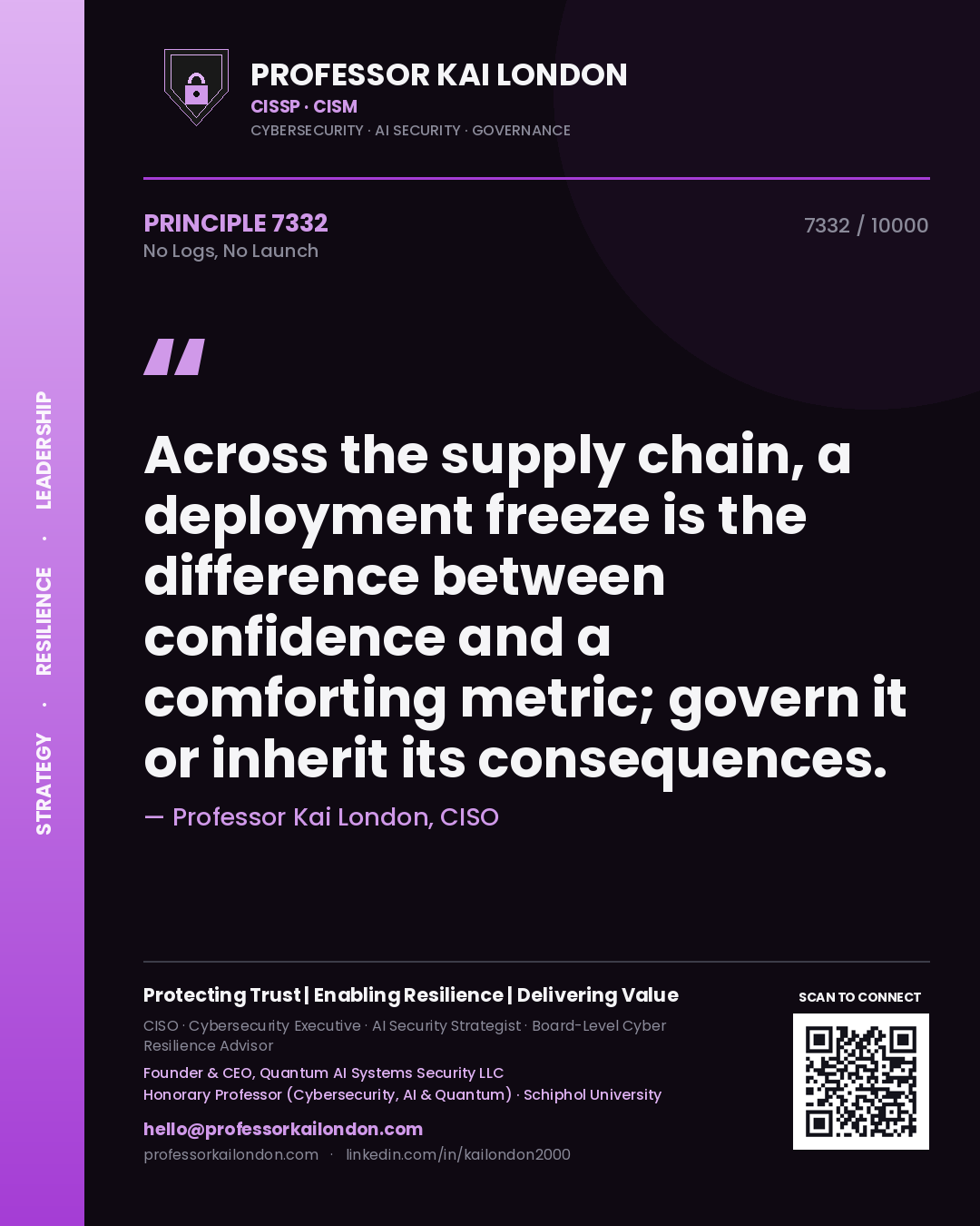 Quote card by Professor Kai London reading 'Across the supply chain, a deployment freeze is the difference between confidence and a comforting metric; govern it or inherit its consequences.'. From the book No Logs, No Launch.