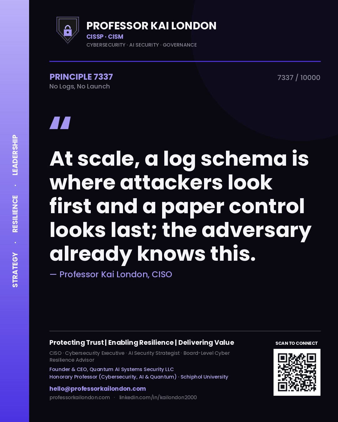 Professor Kai London principle 7337: At scale, a log schema is where attackers look first and a paper control looks last; the adversary already knows this.