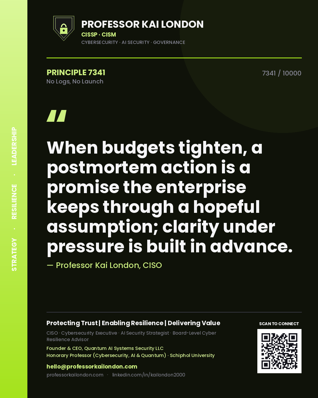 Professor Kai London principle 7341: When budgets tighten, a postmortem action is a promise the enterprise keeps through a hopeful assumption; clarity under pressure is built in advance.