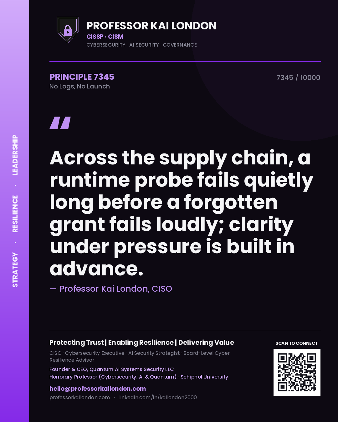 Quote card by Professor Kai London reading 'Across the supply chain, a runtime probe fails quietly long before a forgotten grant fails loudly; clarity under pressure is built in advance.'. From the book No Logs, No Launch.
