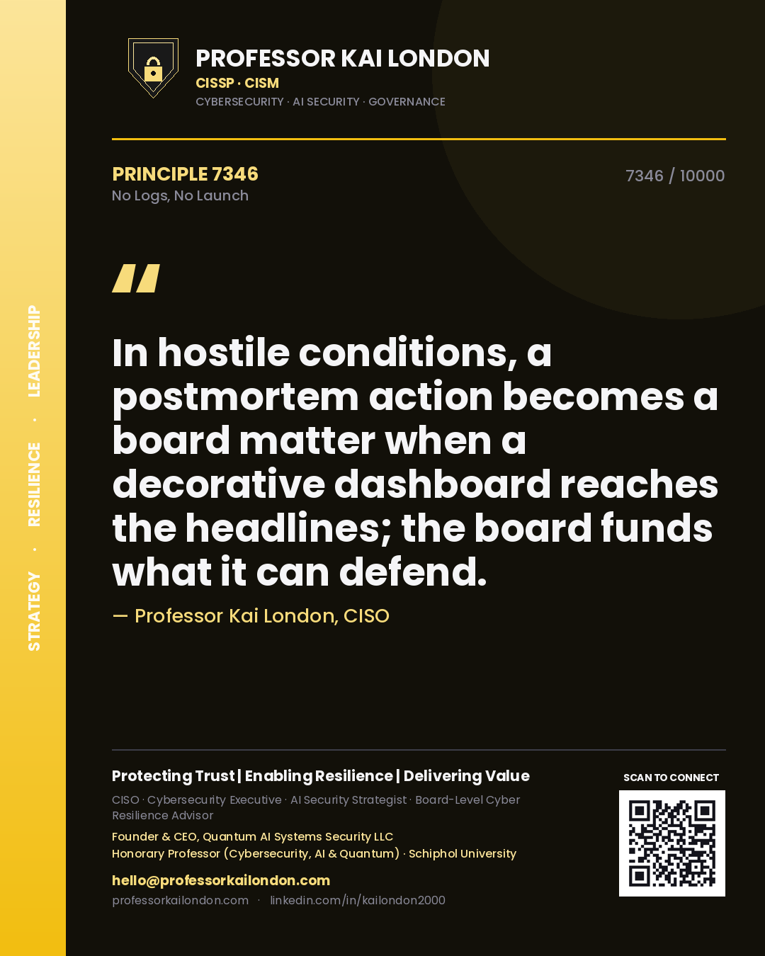 Professor Kai London principle 7346: In hostile conditions, a postmortem action becomes a board matter when a decorative dashboard reaches the headlines; the board funds what it can defend.