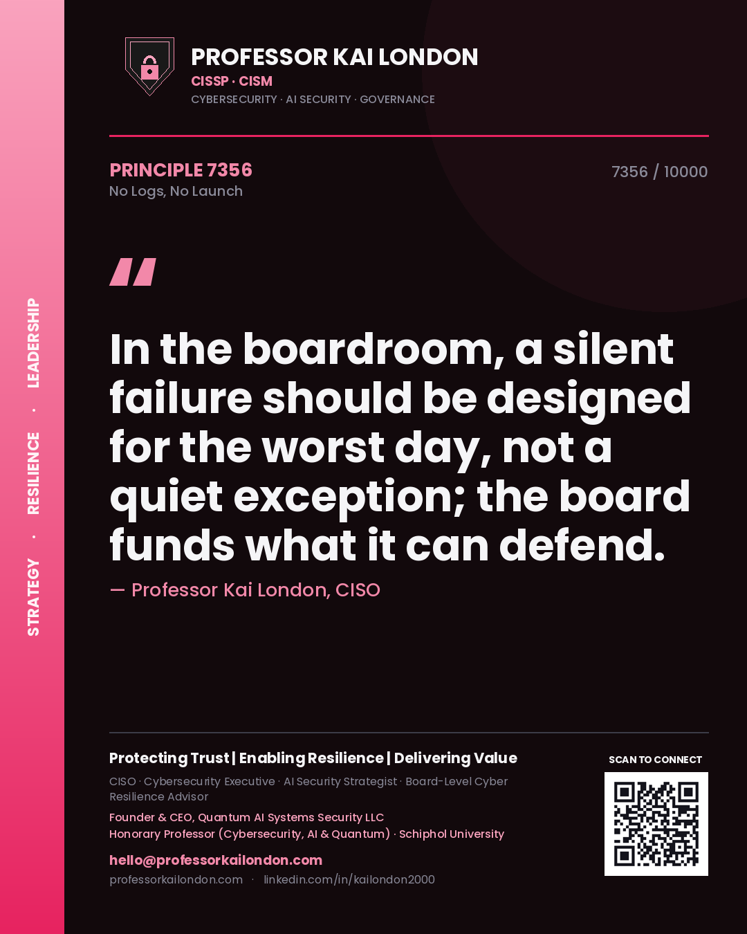 Professor Kai London principle 7356: In the boardroom, a silent failure should be designed for the worst day, not a quiet exception; the board funds what it can defend.