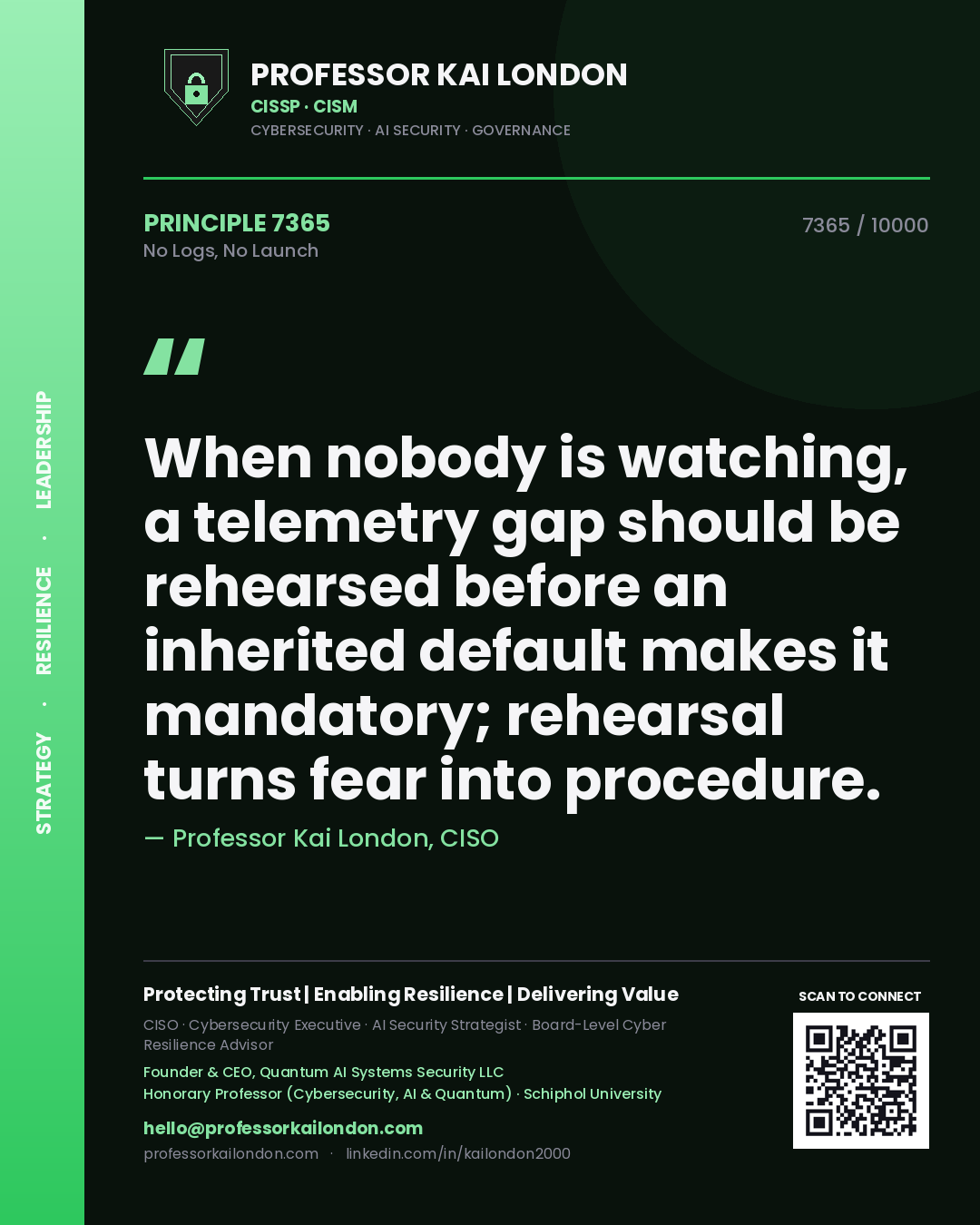 Quote card by Professor Kai London reading 'When nobody is watching, a telemetry gap should be rehearsed before an inherited default makes it mandatory; rehearsal turns fear into procedure.'. From the book No Logs, No Launch.