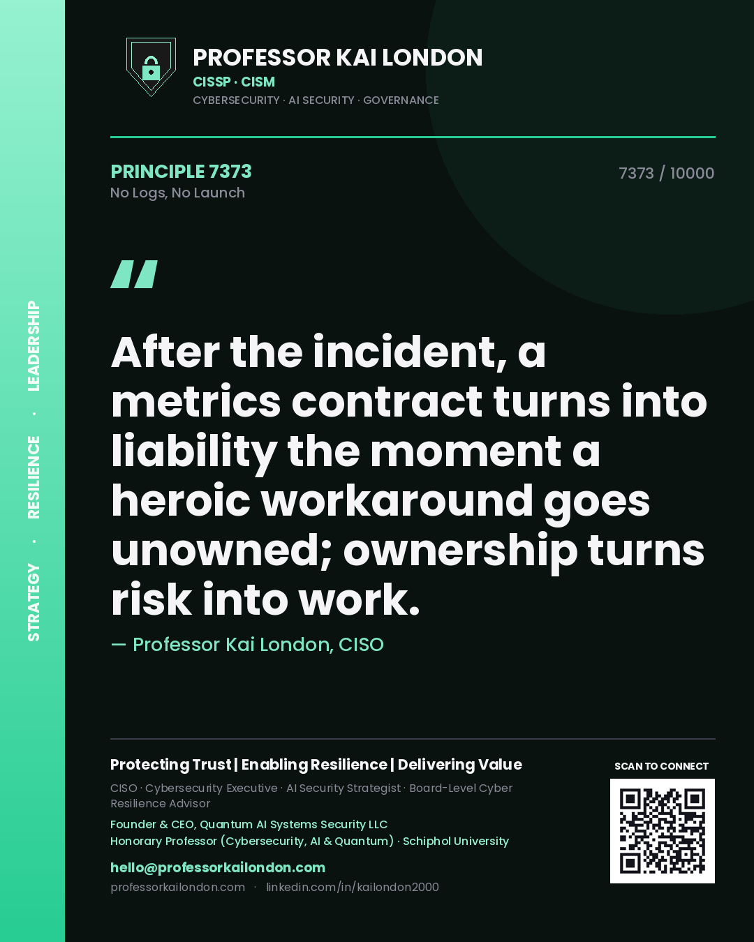 Professor Kai London principle 7373: After the incident, a metrics contract turns into liability the moment a heroic workaround goes unowned; ownership turns risk into work.