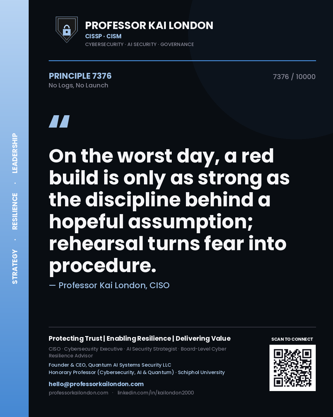 Quote card by Professor Kai London reading 'On the worst day, a red build is only as strong as the discipline behind a hopeful assumption; rehearsal turns fear into procedure.'. From the book No Logs, No Launch.