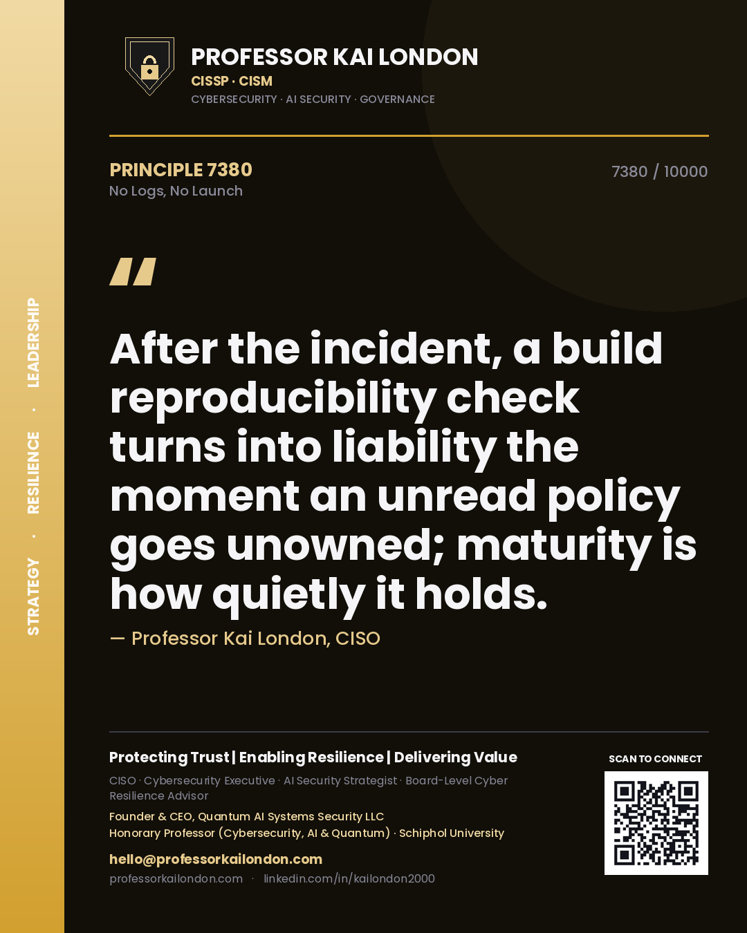 Professor Kai London principle 7380: After the incident, a build reproducibility check turns into liability the moment an unread policy goes unowned; maturity is how quietly it holds.