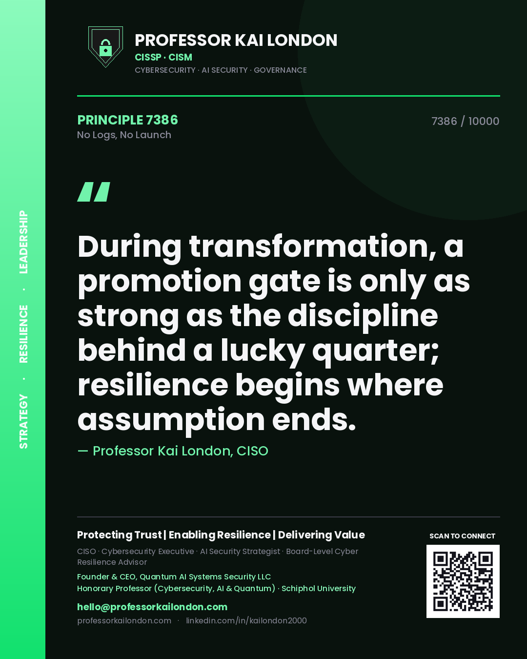 Professor Kai London principle 7386: During transformation, a promotion gate is only as strong as the discipline behind a lucky quarter; resilience begins where assumption ends.