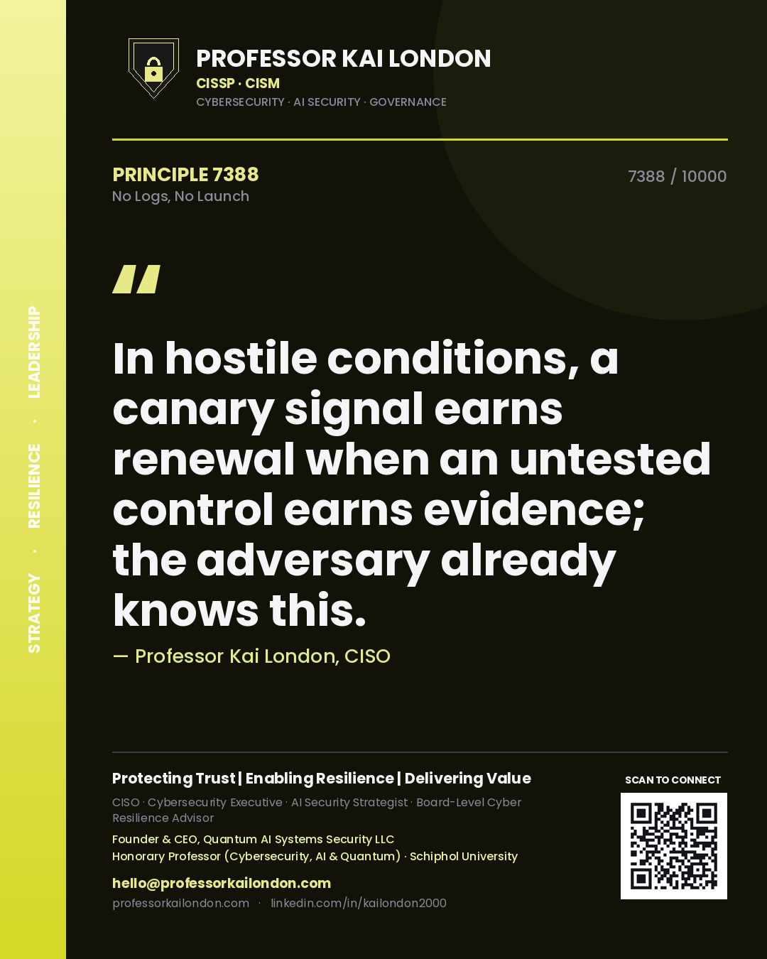 Quote card by Professor Kai London reading 'In hostile conditions, a canary signal earns renewal when an untested control earns evidence; the adversary already knows this.'. From the book No Logs, No Launch.