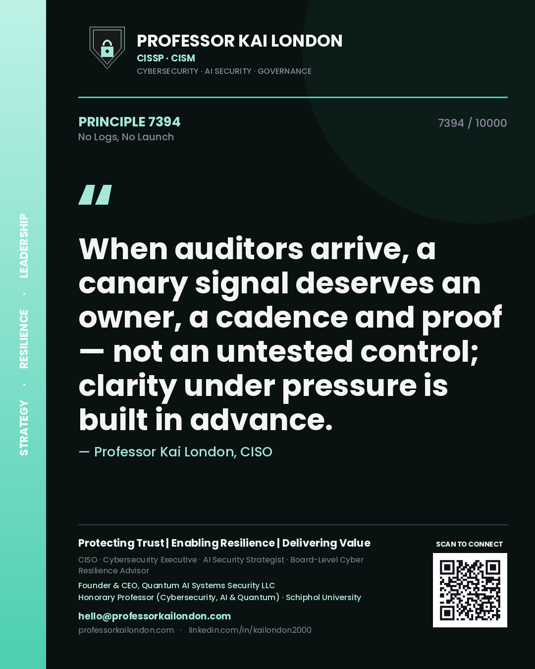 Quote card by Professor Kai London reading 'When auditors arrive, a canary signal deserves an owner, a cadence and proof — not an untested control; clarity under pressure is built in advance.'. From the book No Logs, No Launch.