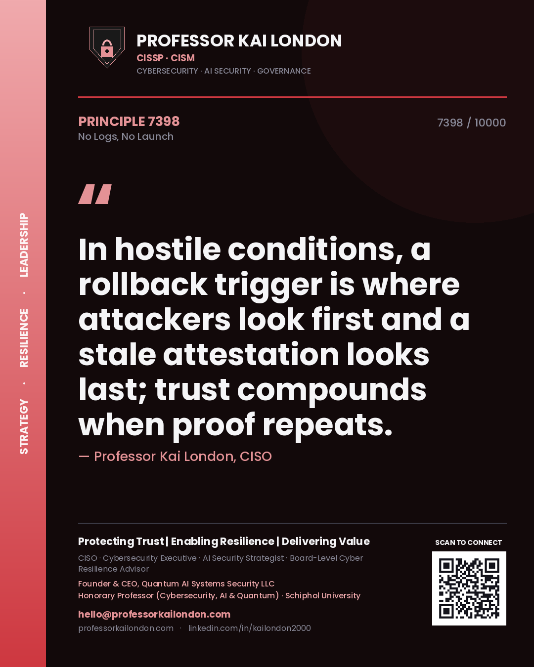Quote card by Professor Kai London reading 'In hostile conditions, a rollback trigger is where attackers look first and a stale attestation looks last; trust compounds when proof repeats.'. From the book No Logs, No Launch.
