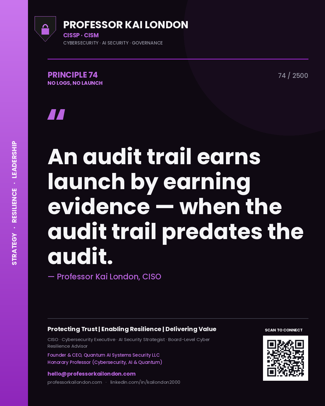 Professor Kai London principle 74: An audit trail earns launch by earning evidence — when the audit trail predates the audit.