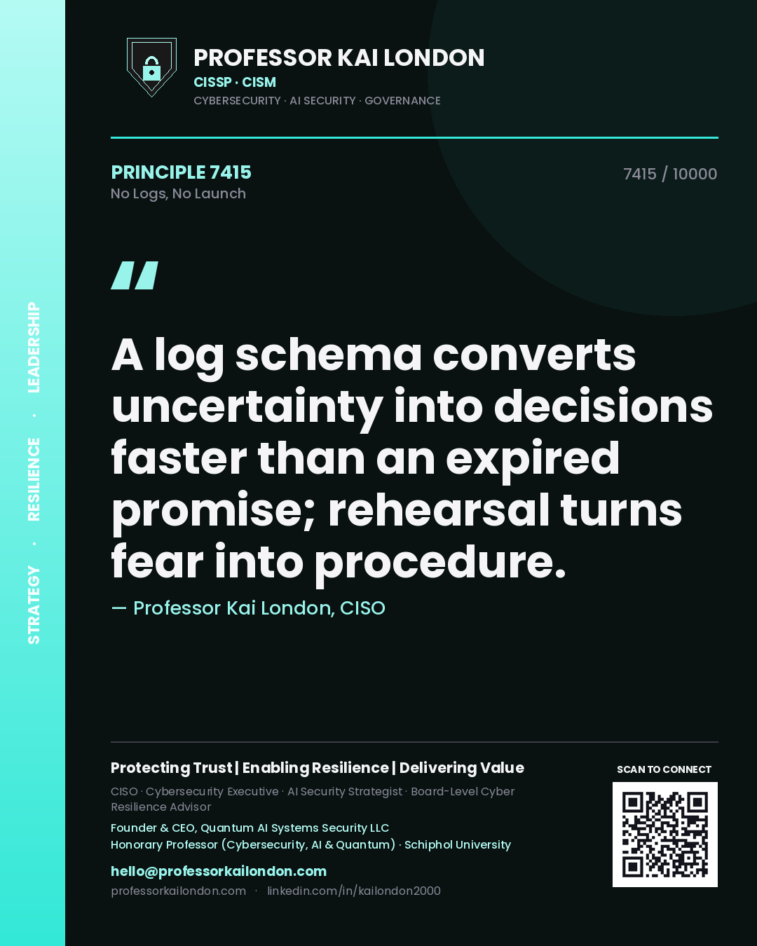 Professor Kai London principle 7415: A log schema converts uncertainty into decisions faster than an expired promise; rehearsal turns fear into procedure.