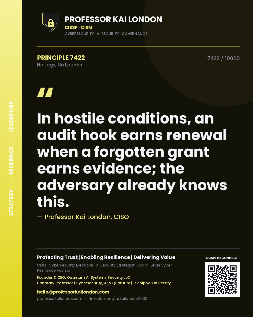 Professor Kai London principle 7422: In hostile conditions, an audit hook earns renewal when a forgotten grant earns evidence; the adversary already knows this.