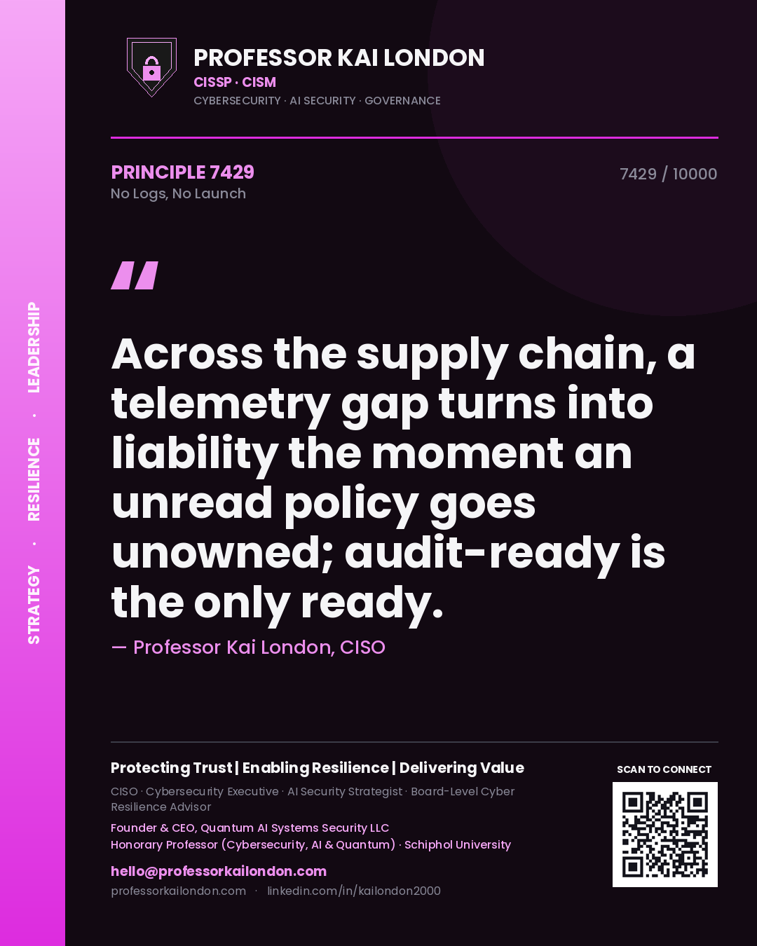 Quote card by Professor Kai London reading 'Across the supply chain, a telemetry gap turns into liability the moment an unread policy goes unowned; audit-ready is the only ready.'. From the book No Logs, No Launch.