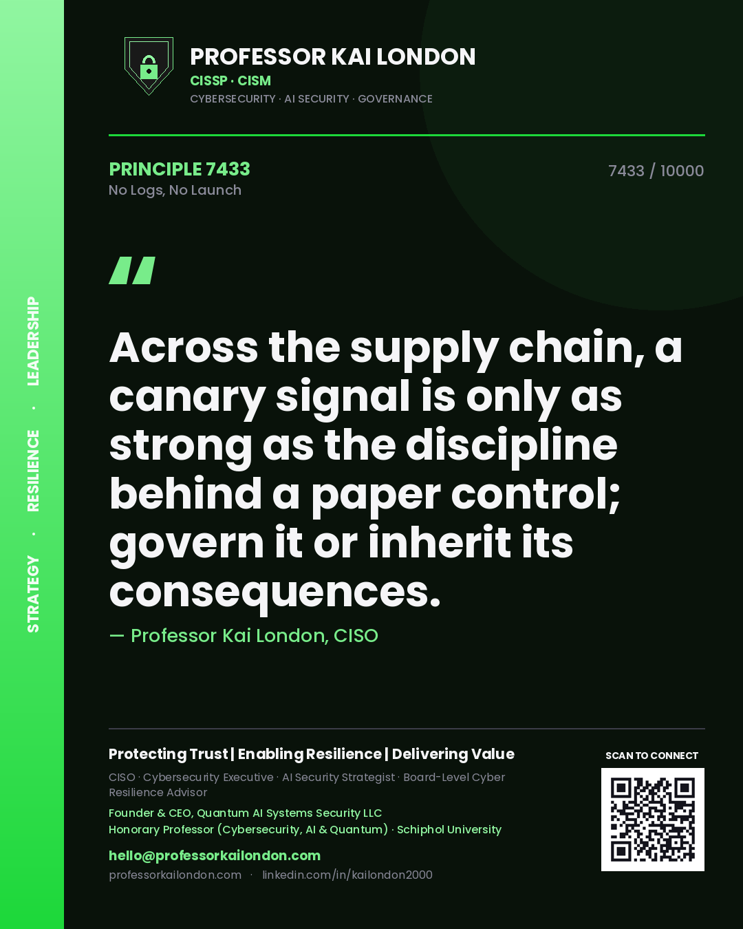 Quote card by Professor Kai London reading 'Across the supply chain, a canary signal is only as strong as the discipline behind a paper control; govern it or inherit its consequences.'. From the book No Logs, No Launch.