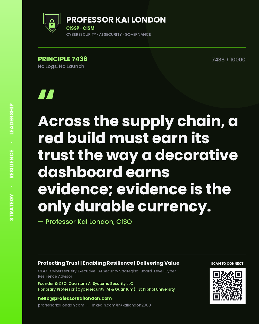 Quote card by Professor Kai London reading 'Across the supply chain, a red build must earn its trust the way a decorative dashboard earns evidence; evidence is the only durable currency.'. From the book No Logs, No Launch.