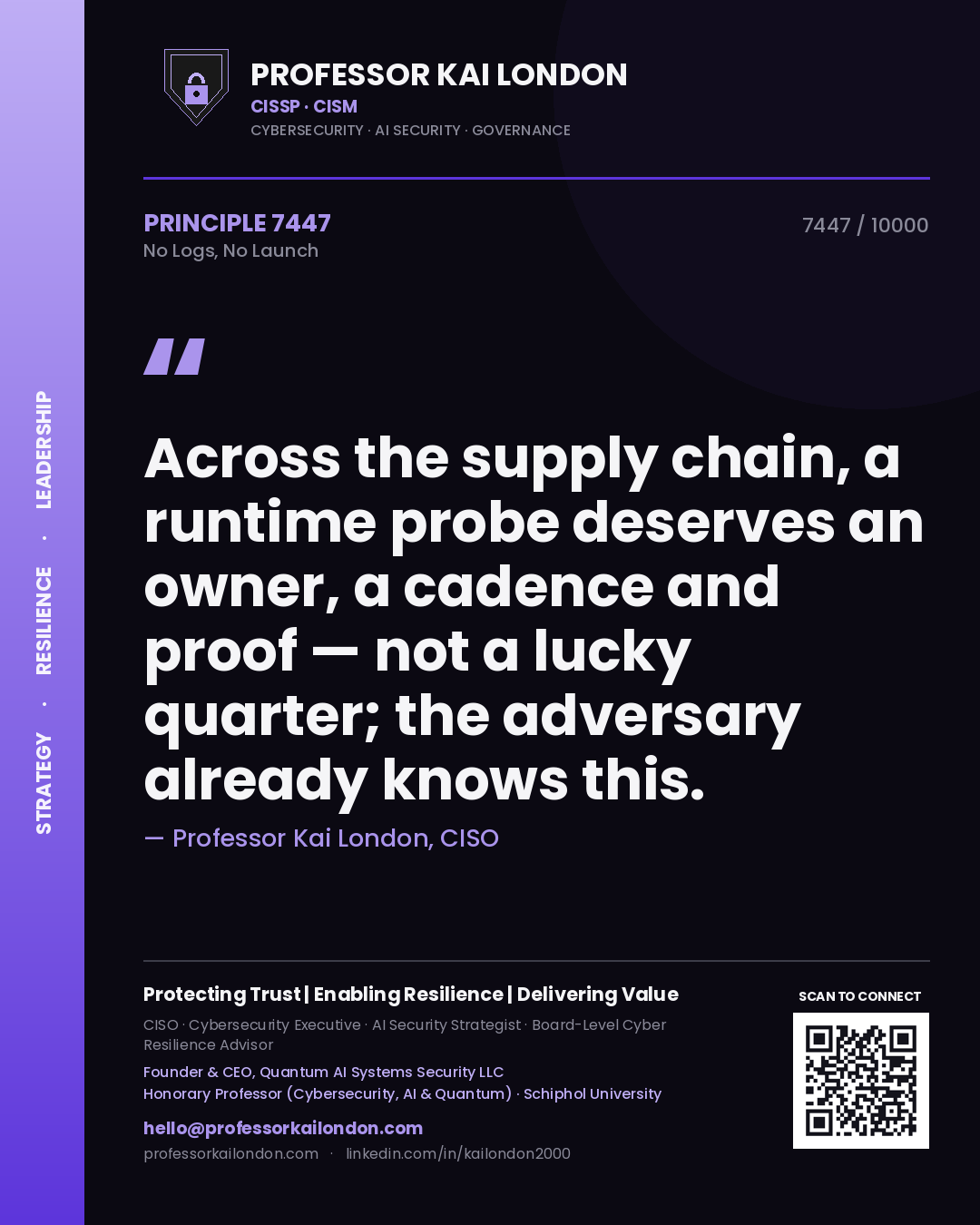 Quote card by Professor Kai London reading 'Across the supply chain, a runtime probe deserves an owner, a cadence and proof — not a lucky quarter; the adversary already knows this.'. From the book No Logs, No Launch.