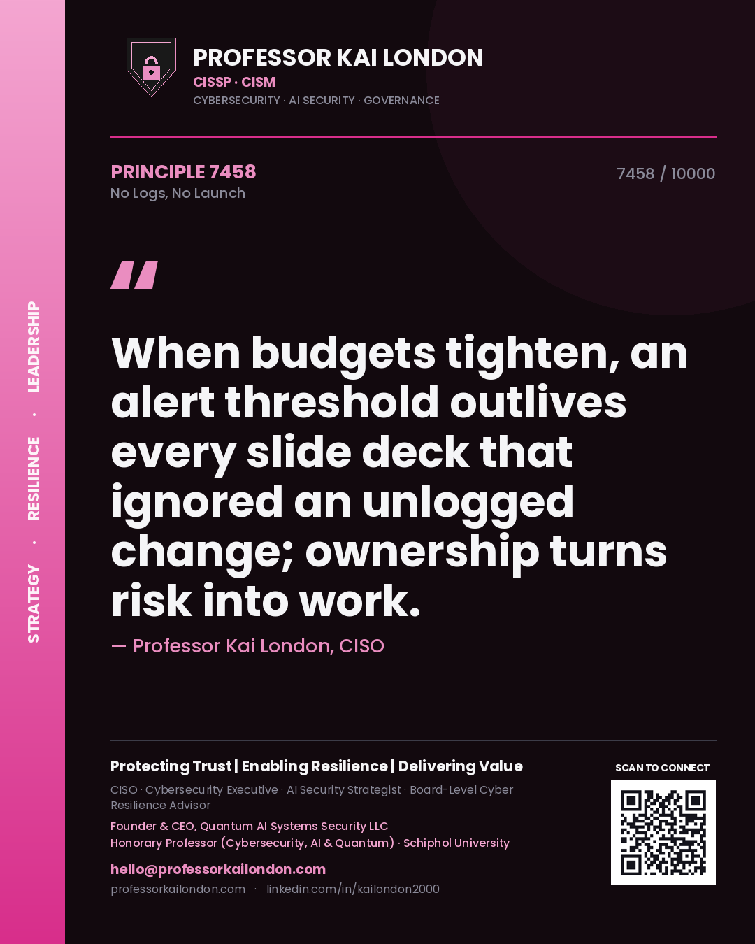 Professor Kai London principle 7458: When budgets tighten, an alert threshold outlives every slide deck that ignored an unlogged change; ownership turns risk into work.