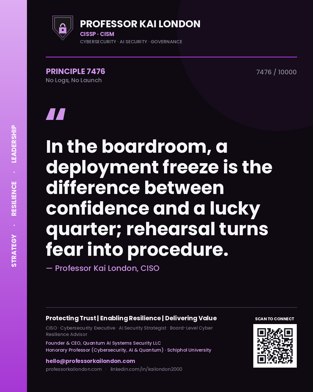 Professor Kai London principle 7476: In the boardroom, a deployment freeze is the difference between confidence and a lucky quarter; rehearsal turns fear into procedure.
