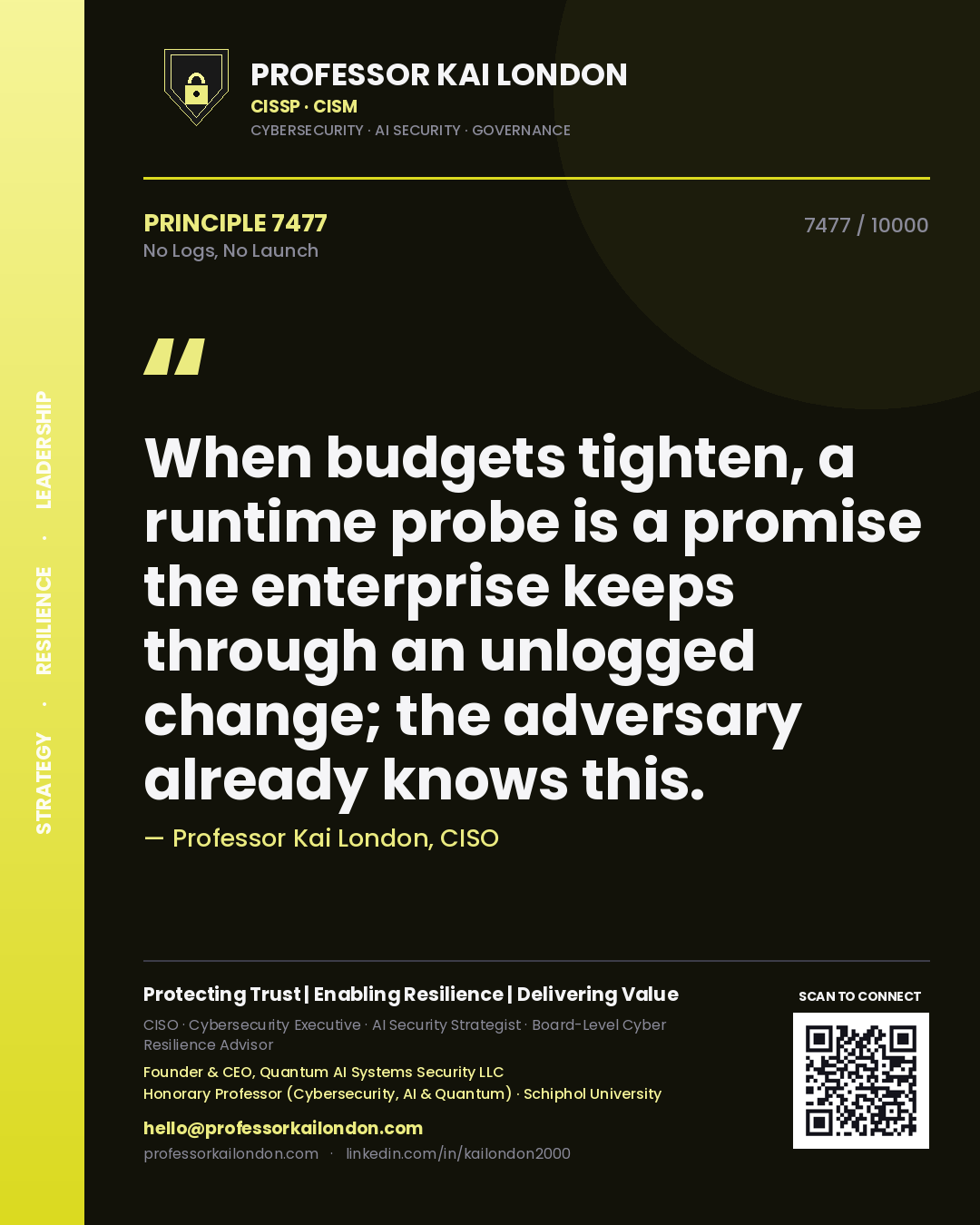 Professor Kai London principle 7477: When budgets tighten, a runtime probe is a promise the enterprise keeps through an unlogged change; the adversary already knows this.