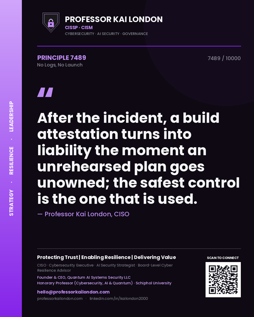 Professor Kai London principle 7489: After the incident, a build attestation turns into liability the moment an unrehearsed plan goes unowned; the safest control is the one that is used.