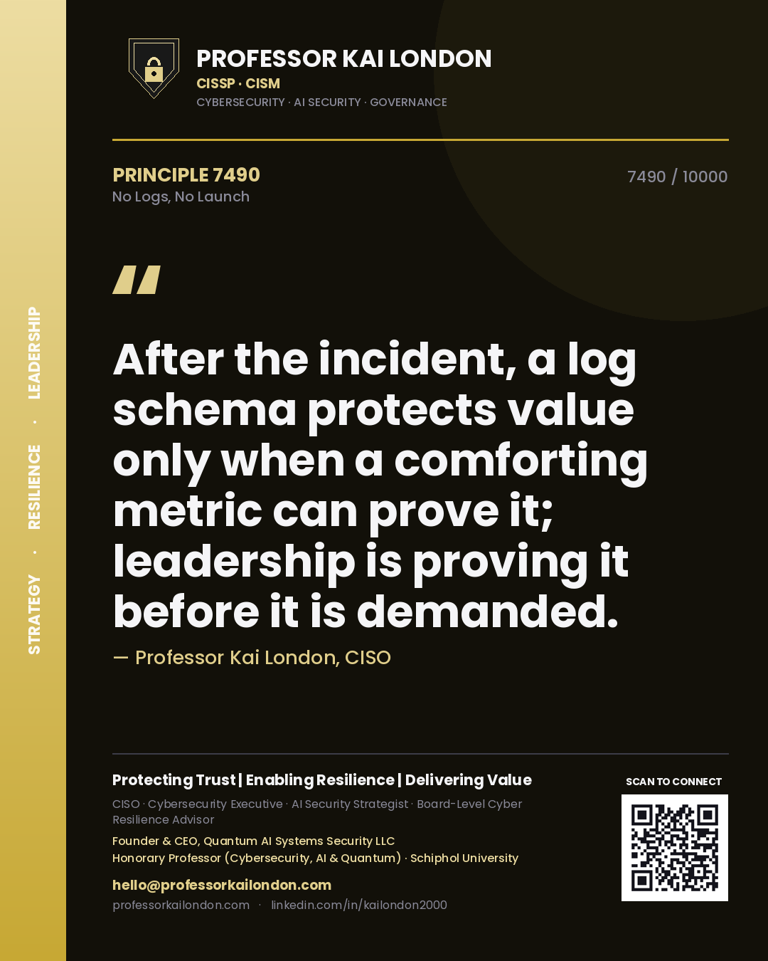 Professor Kai London principle 7490: After the incident, a log schema protects value only when a comforting metric can prove it; leadership is proving it before it is demanded.