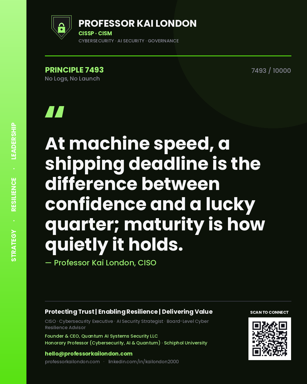 Quote card by Professor Kai London reading 'At machine speed, a shipping deadline is the difference between confidence and a lucky quarter; maturity is how quietly it holds.'. From the book No Logs, No Launch.