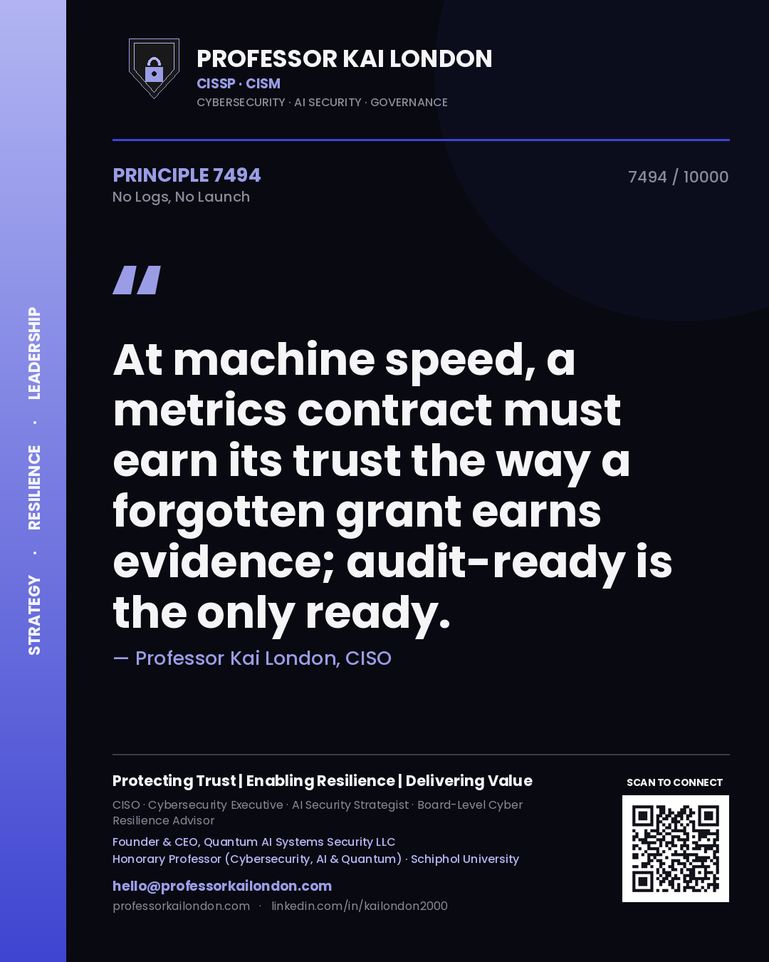 Professor Kai London principle 7494: At machine speed, a metrics contract must earn its trust the way a forgotten grant earns evidence; audit-ready is the only ready.