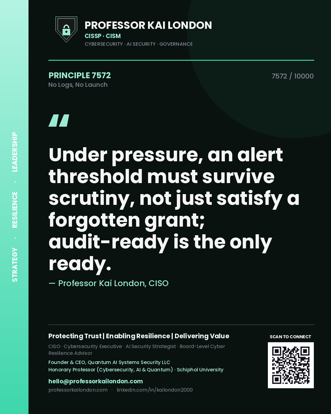 Professor Kai London principle 7572: Under pressure, an alert threshold must survive scrutiny, not just satisfy a forgotten grant; audit-ready is the only ready.