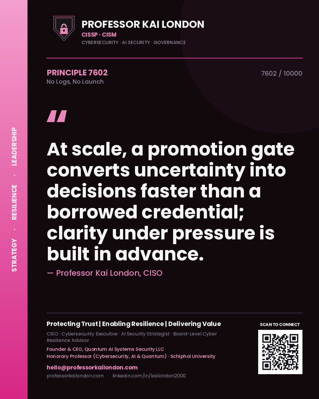 Quote card by Professor Kai London reading 'At scale, a promotion gate converts uncertainty into decisions faster than a borrowed credential; clarity under pressure is built in advance.'. From the book No Logs, No Launch.