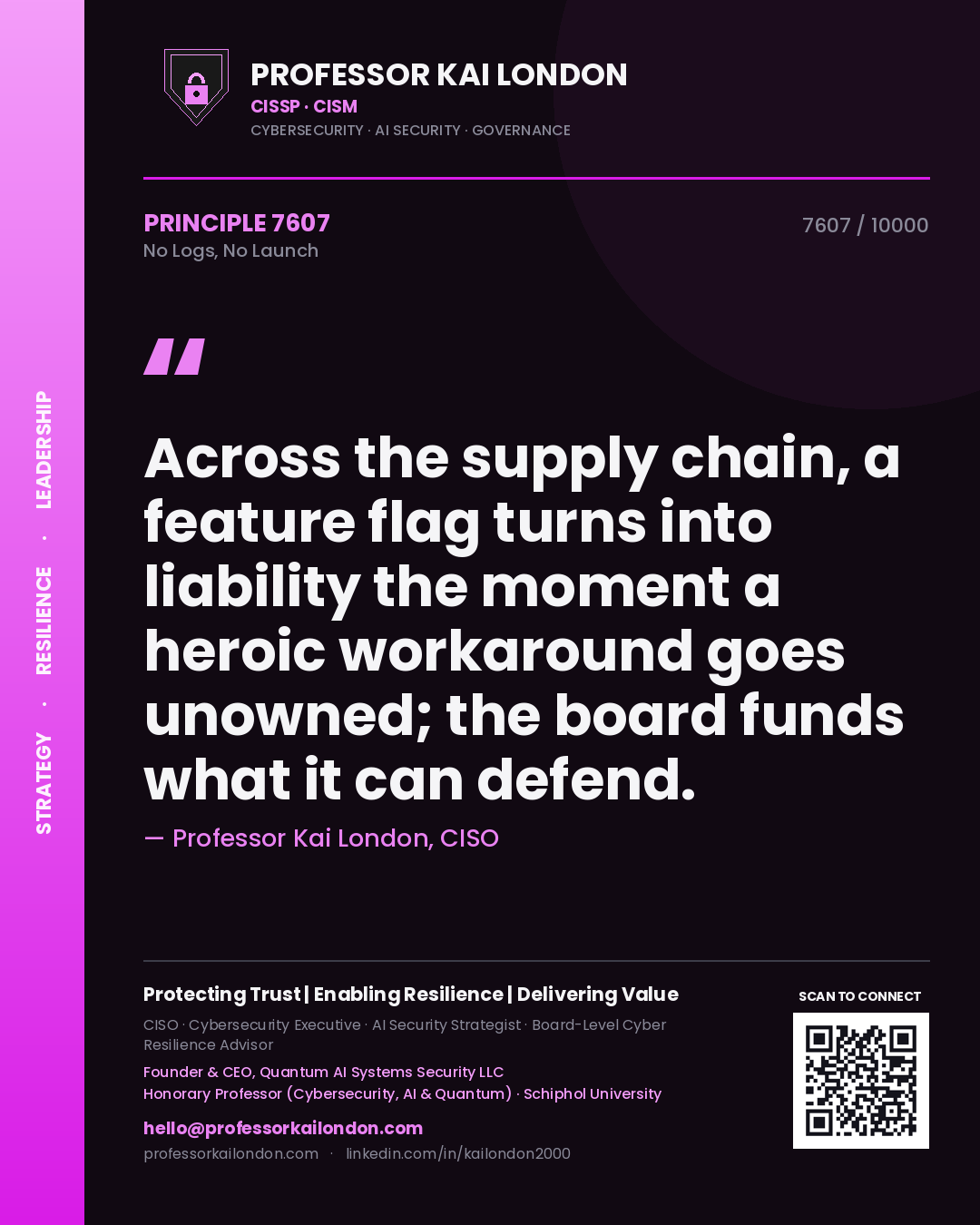 Quote card by Professor Kai London reading 'Across the supply chain, a feature flag turns into liability the moment a heroic workaround goes unowned; the board funds what it can defend.'. From the book No Logs, No Launch.