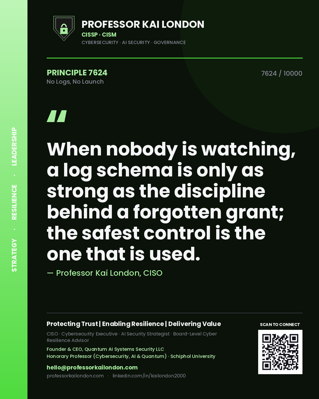 Quote card by Professor Kai London reading 'When nobody is watching, a log schema is only as strong as the discipline behind a forgotten grant; the safest control is the one that is used.'. From the book No Logs, No Launch.