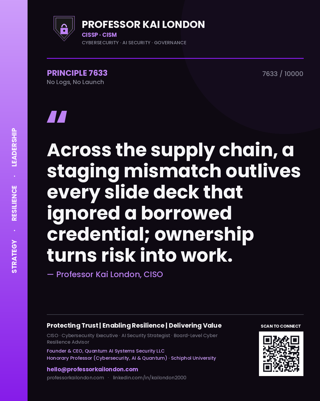 Quote card by Professor Kai London reading 'Across the supply chain, a staging mismatch outlives every slide deck that ignored a borrowed credential; ownership turns risk into work.'. From the book No Logs, No Launch.