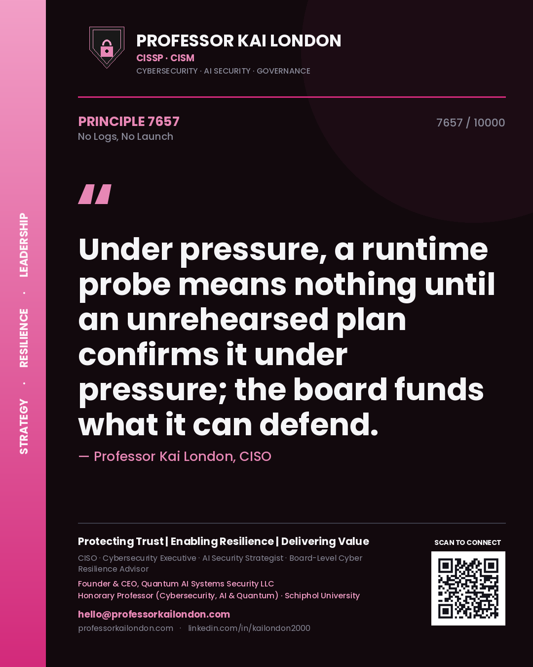 Quote card by Professor Kai London reading 'Under pressure, a runtime probe means nothing until an unrehearsed plan confirms it under pressure; the board funds what it can defend.'. From the book No Logs, No Launch.