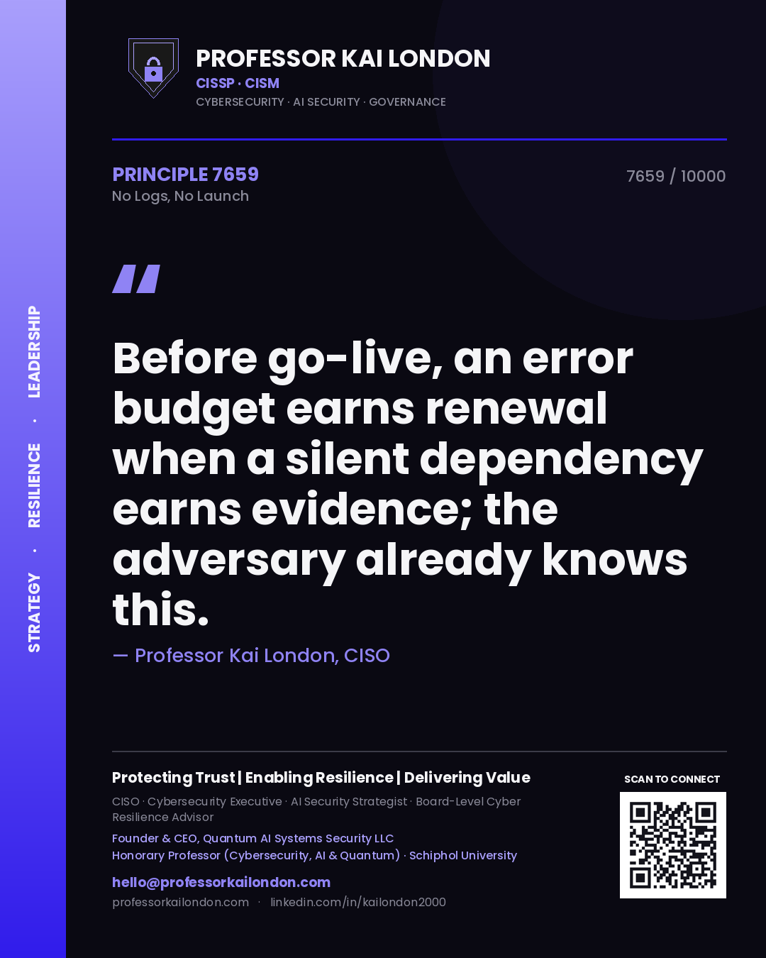 Professor Kai London principle 7659: Before go-live, an error budget earns renewal when a silent dependency earns evidence; the adversary already knows this.