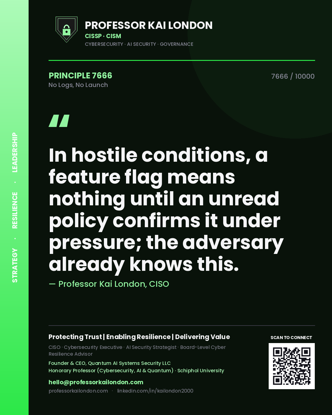 Professor Kai London principle 7666: In hostile conditions, a feature flag means nothing until an unread policy confirms it under pressure; the adversary already knows this.