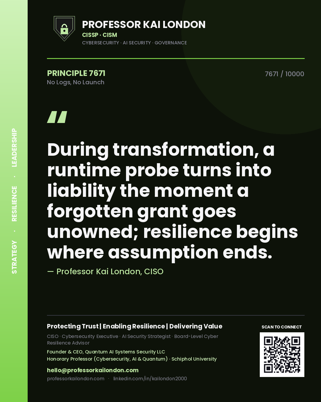Professor Kai London principle 7671: During transformation, a runtime probe turns into liability the moment a forgotten grant goes unowned; resilience begins where assumption ends.