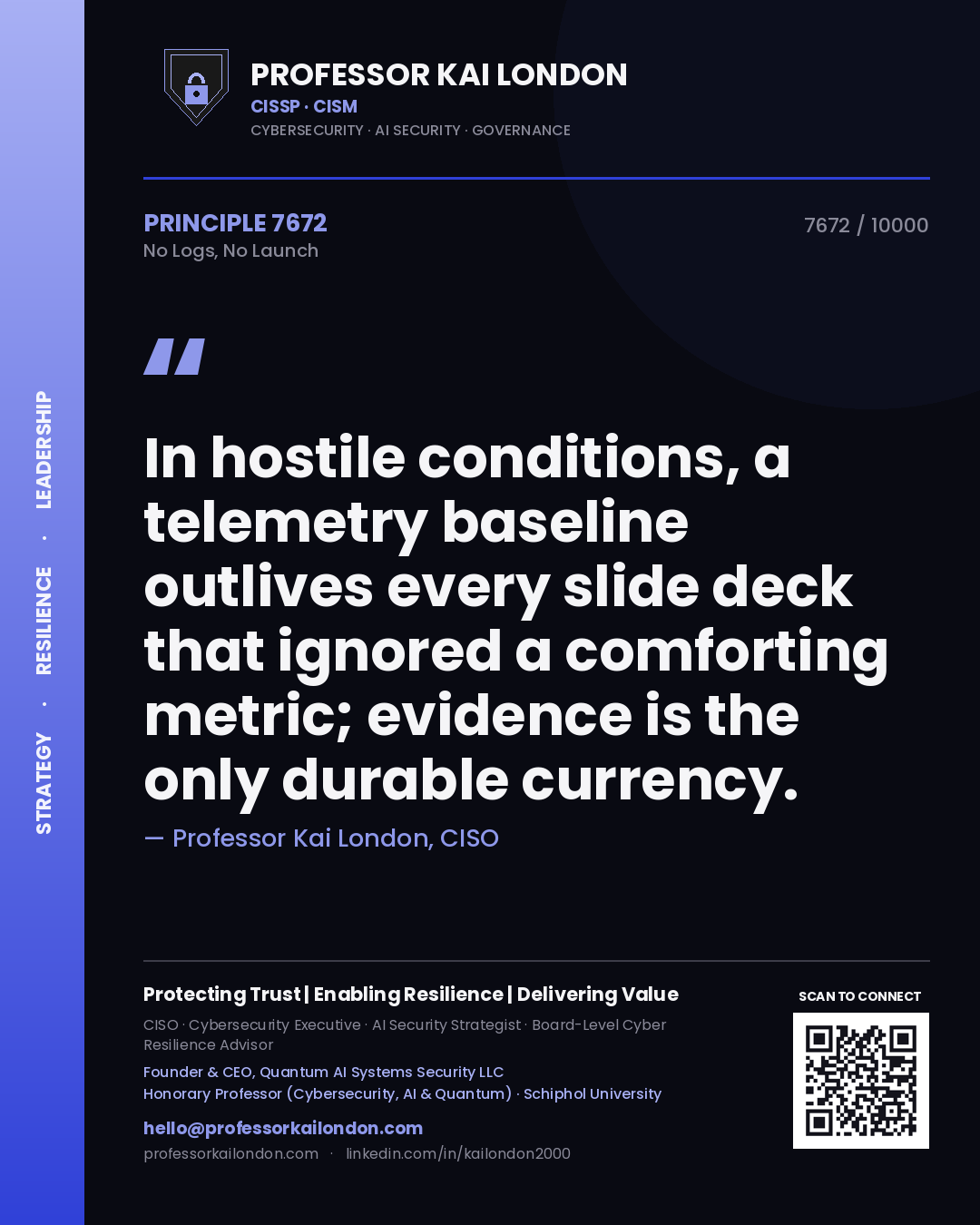 Professor Kai London principle 7672: In hostile conditions, a telemetry baseline outlives every slide deck that ignored a comforting metric; evidence is the only durable currency.