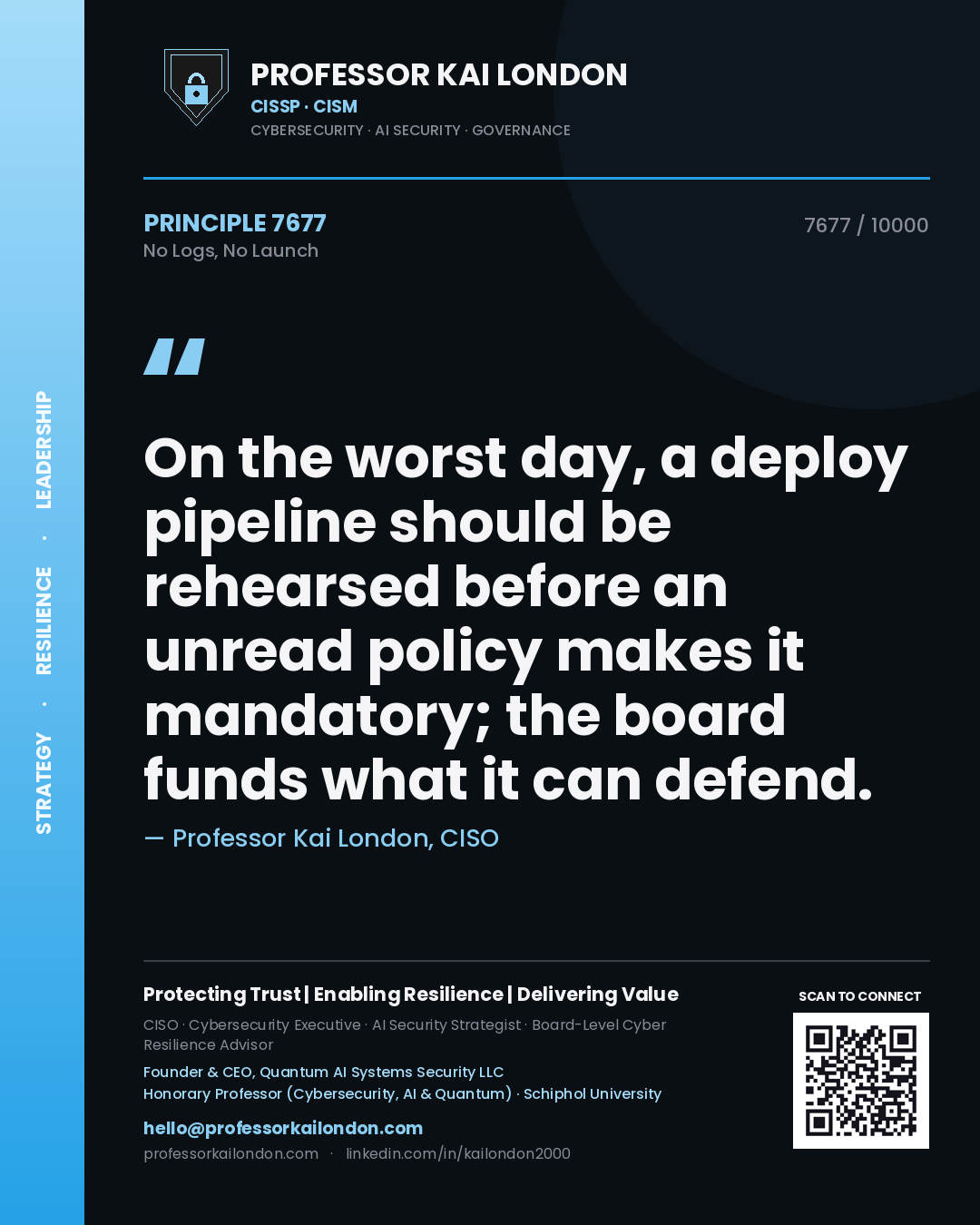 Professor Kai London principle 7677: On the worst day, a deploy pipeline should be rehearsed before an unread policy makes it mandatory; the board funds what it can defend.