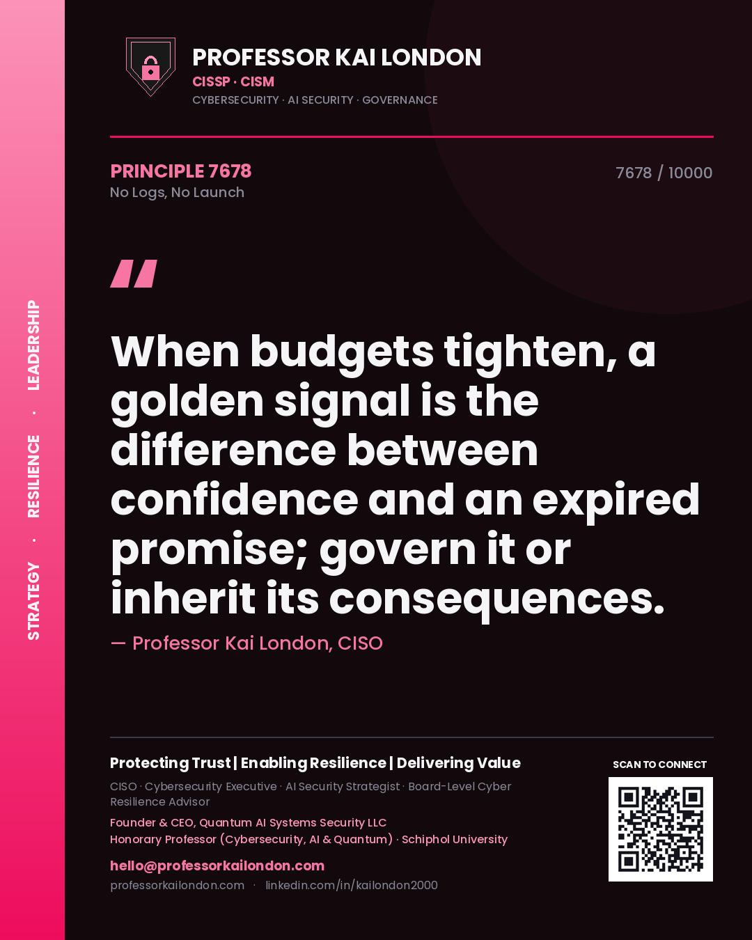 Professor Kai London principle 7678: When budgets tighten, a golden signal is the difference between confidence and an expired promise; govern it or inherit its consequences.