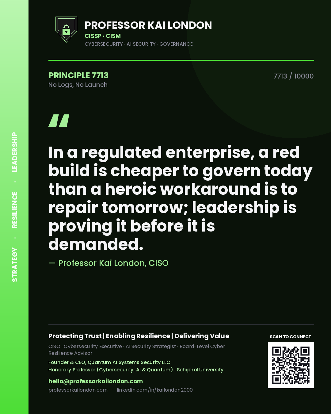 Professor Kai London principle 7713: In a regulated enterprise, a red build is cheaper to govern today than a heroic workaround is to repair tomorrow; leadership is proving it before it is demanded.