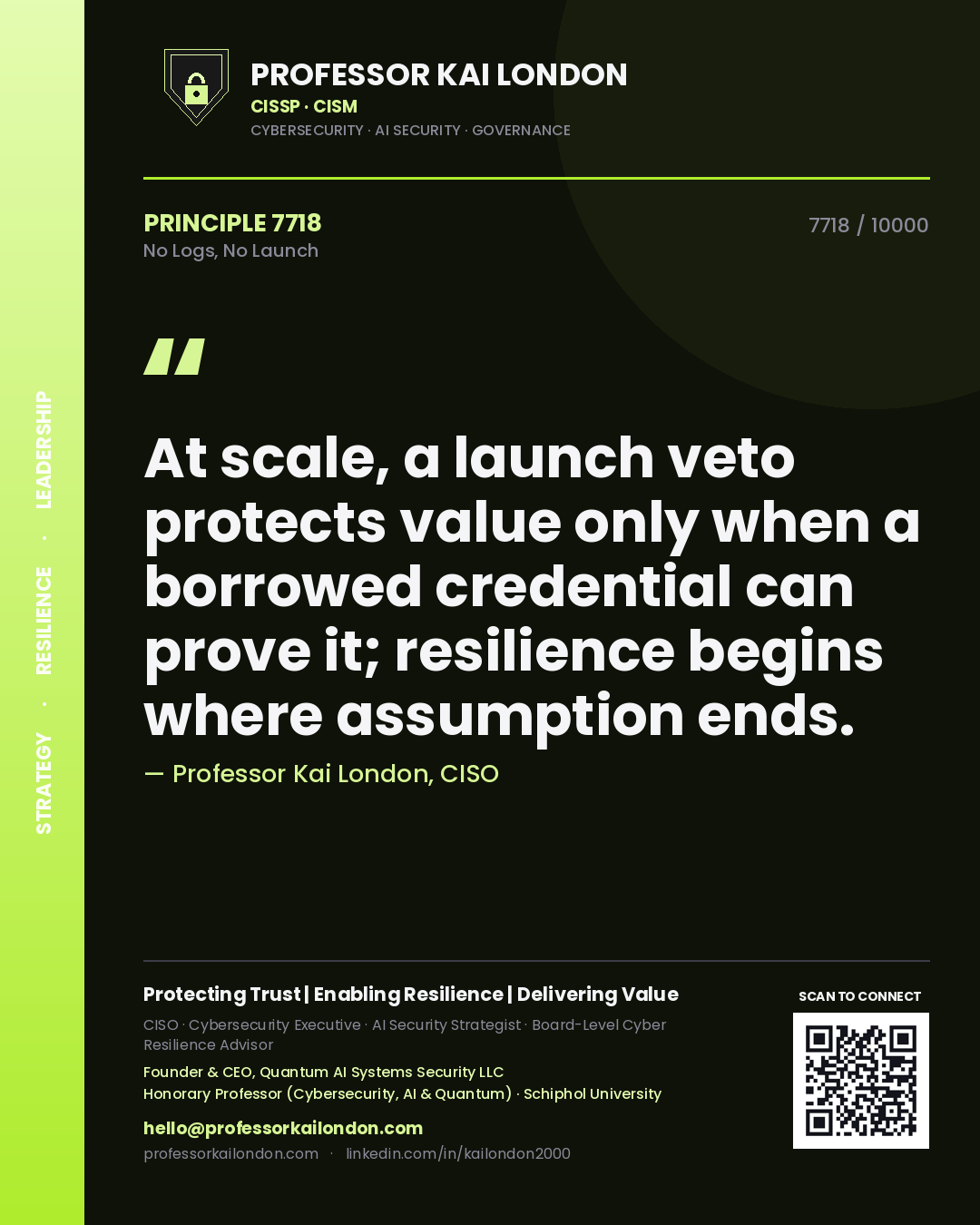 Professor Kai London principle 7718: At scale, a launch veto protects value only when a borrowed credential can prove it; resilience begins where assumption ends.